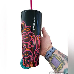 NWT Starbucks 2023 Fall Black & Magenta Wavey Graphic Steel Tumbler